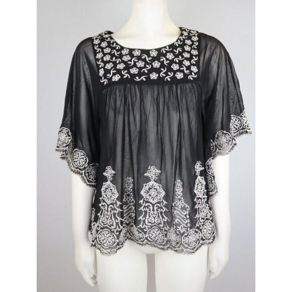 INC INTERNATIONAL CONCEPTS - WOMEN'S SHEER BLACK EMBROIDERED PEASANT TOP - XS - Picture 1 of 9